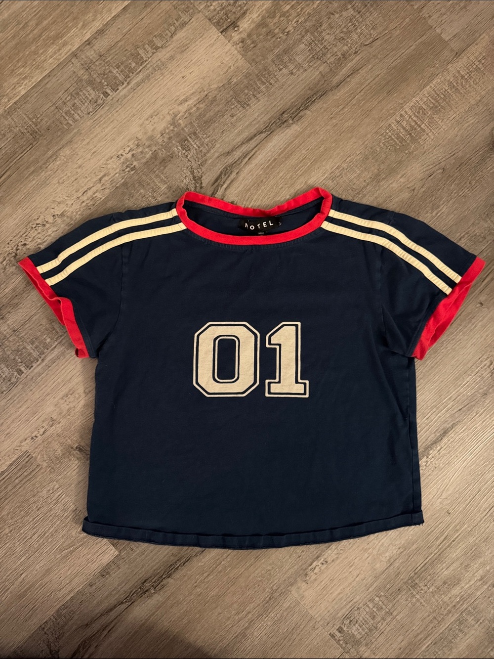 Motel Rocks Navy Baby Tee with Cream '01' and Red Trim